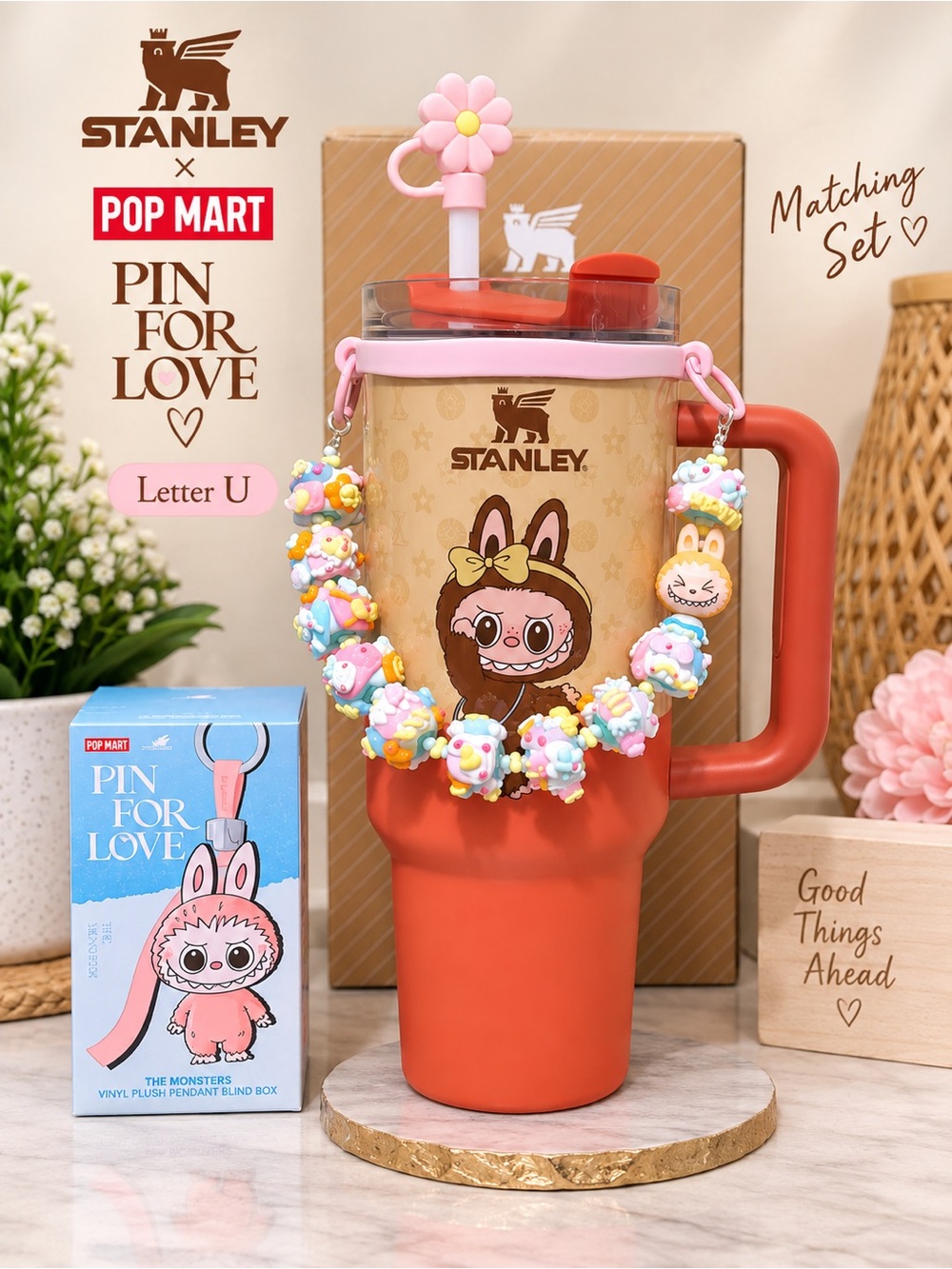 Stanley Kids Travel Mug in Coral with Pink Trim and Beaded Charm